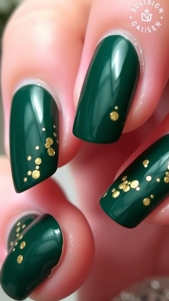 Forest green Christmas nail art with gold glitter accents on elegantly shaped nails.